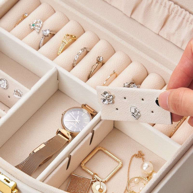 Leather Travel Jewelry Box with Mirror and Organizer