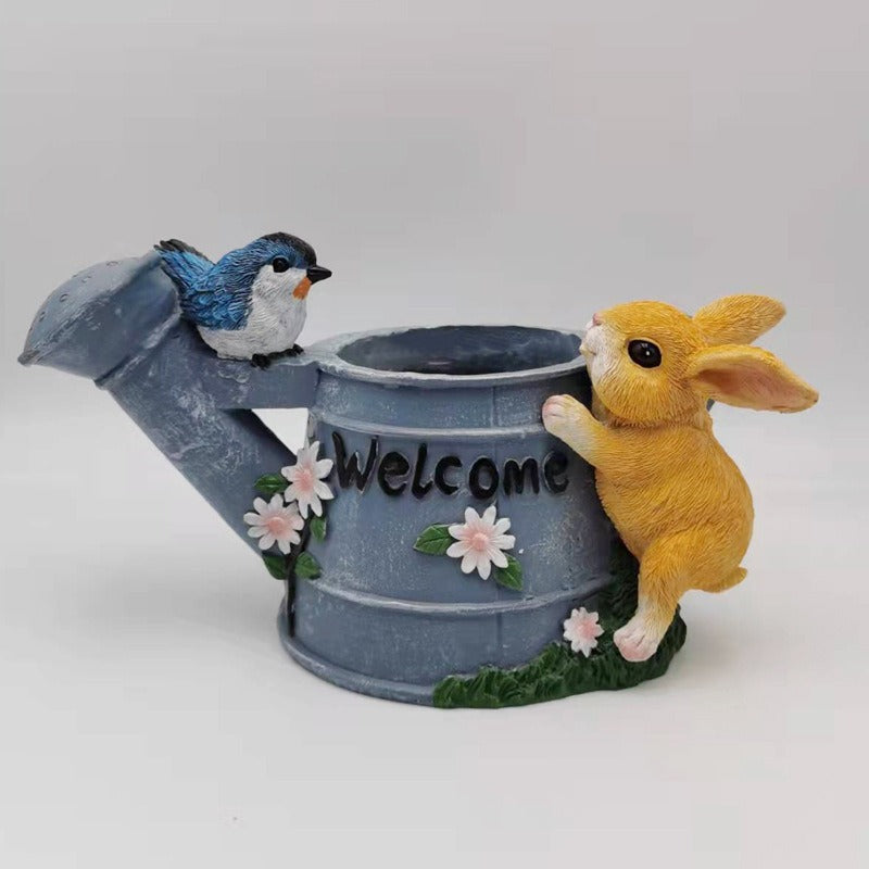 Watering Can Flower Planter with Bunny and Bluebird Decor