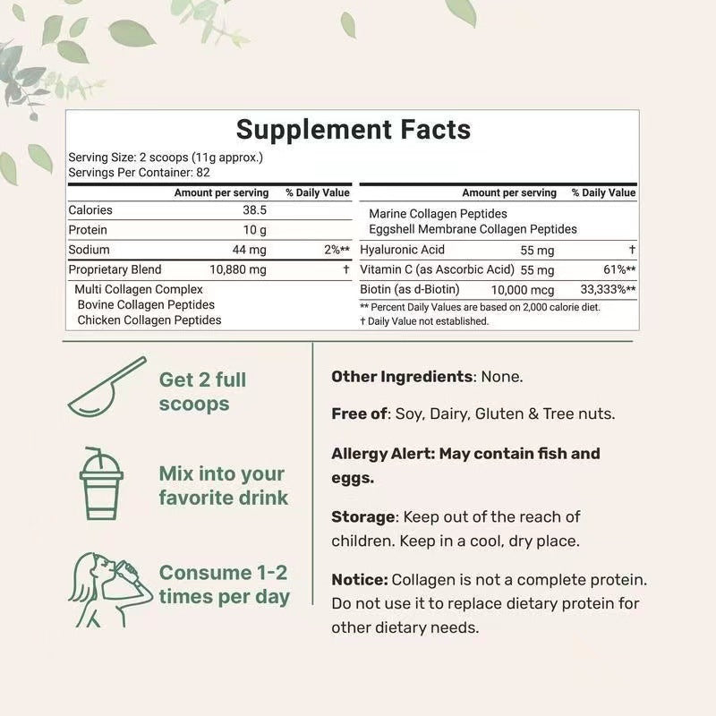 Key benefit icons and messaging highlighting 8-in-1 formula, full spectrum collagen blend, keto-friendly approval, and hydrolyzed absorption
