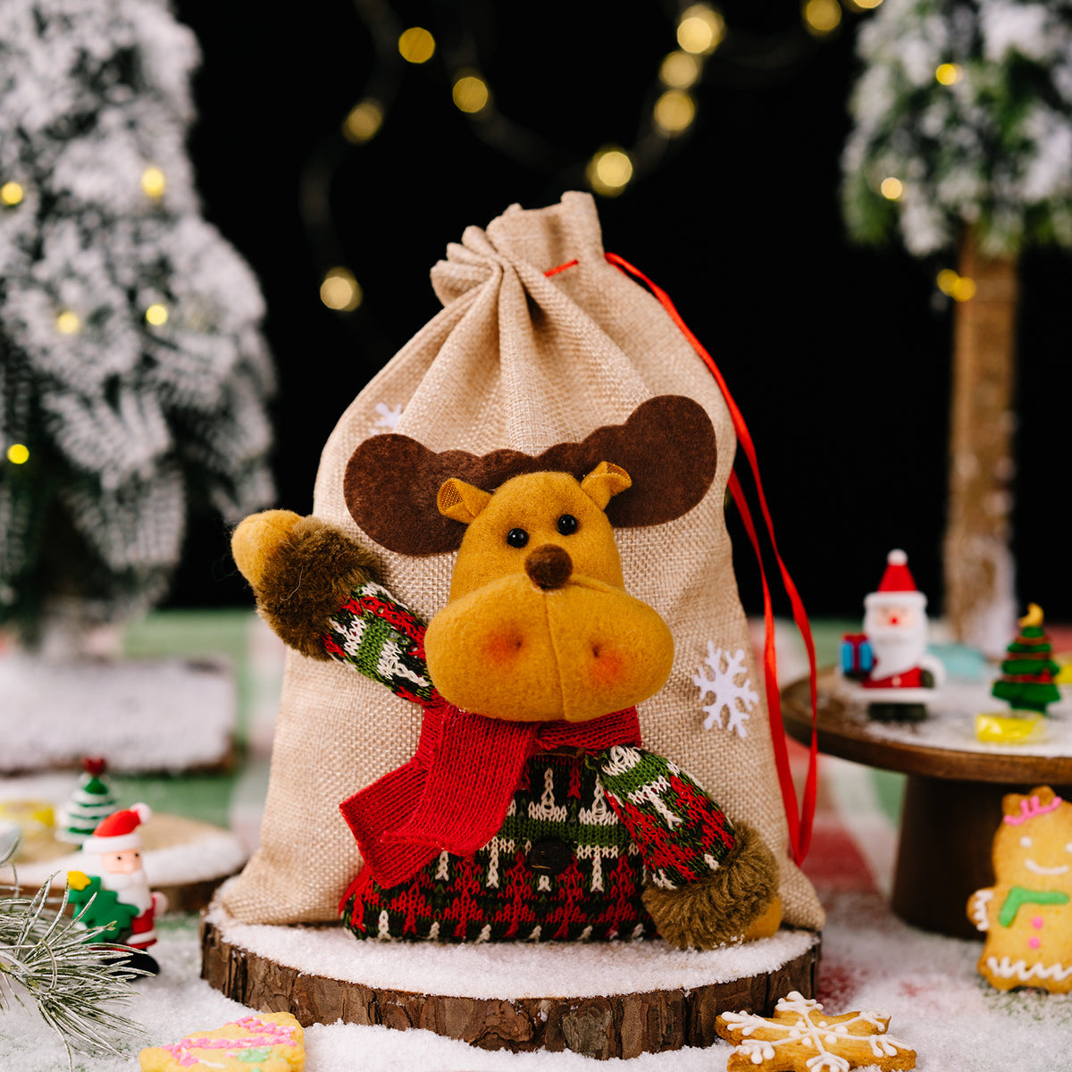 Christmas Gift Bags with Plush Santa, Snowman & Reindeer