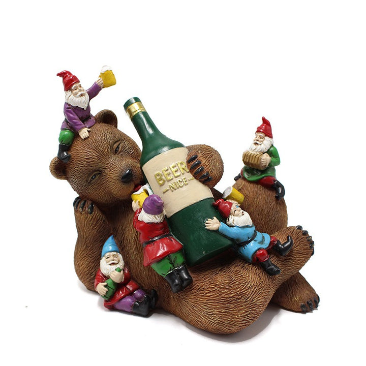 Garden Bear Statue with Gnomes and Beer Bottle Decor