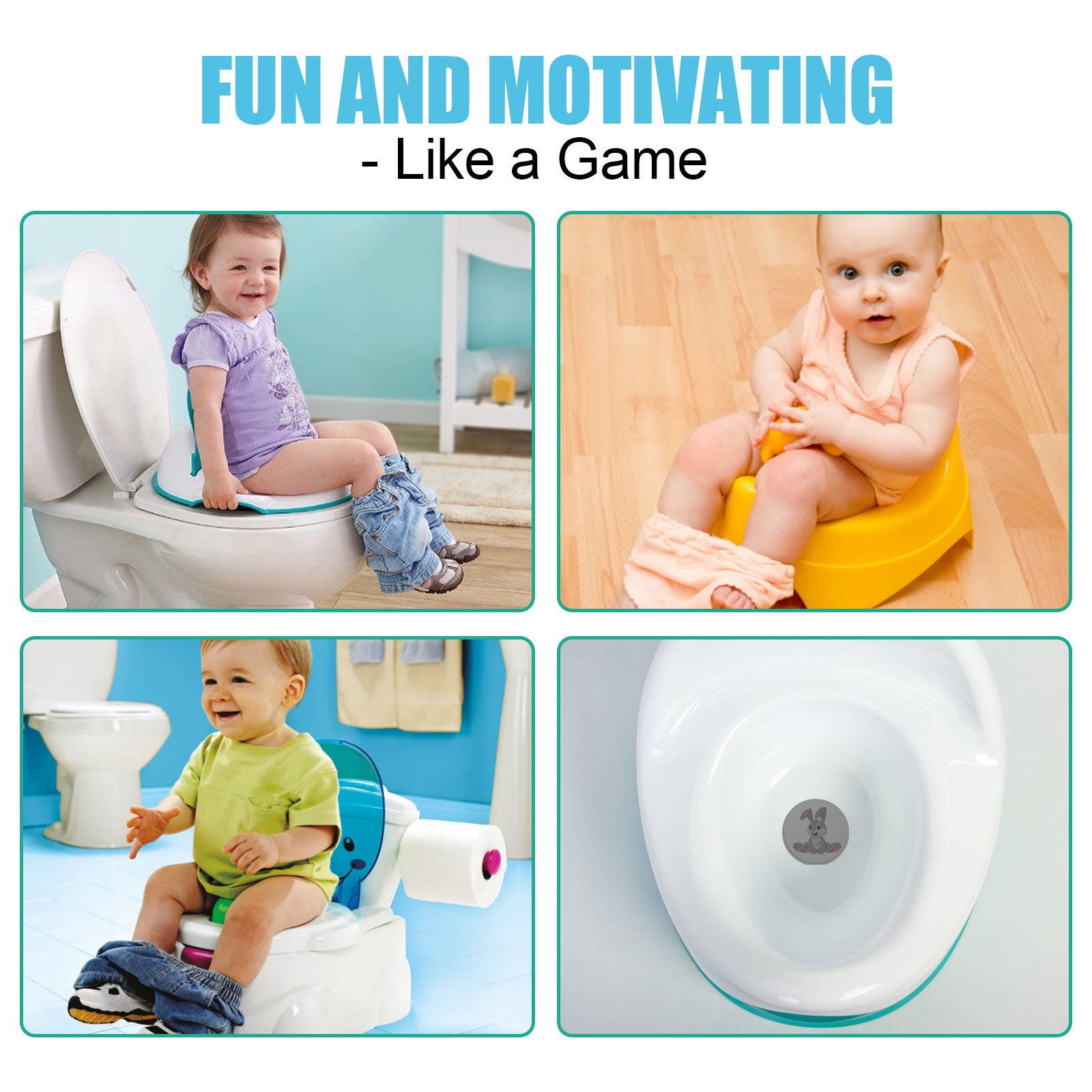 Four lifestyle photos showing different children using potty seats and training toilets with happy expressions