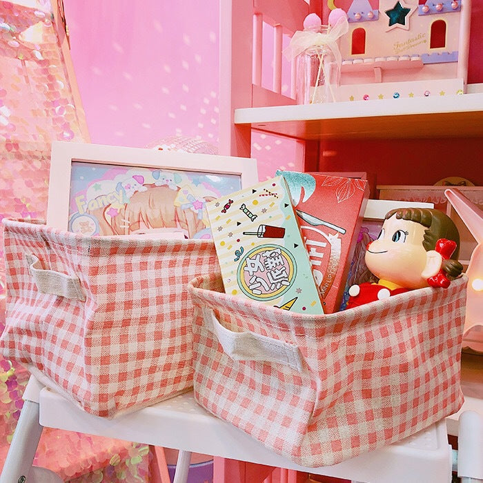 Cute Pink Gingham Storage Basket for Desk and Cosmetics