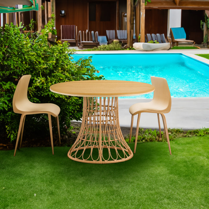 Round Outdoor Dining Table with Slatted Woven-Look Top