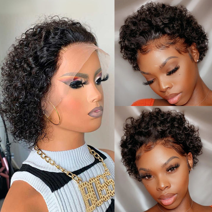 Short Curly Pixie Human Hair Wig With Natural Lace Front