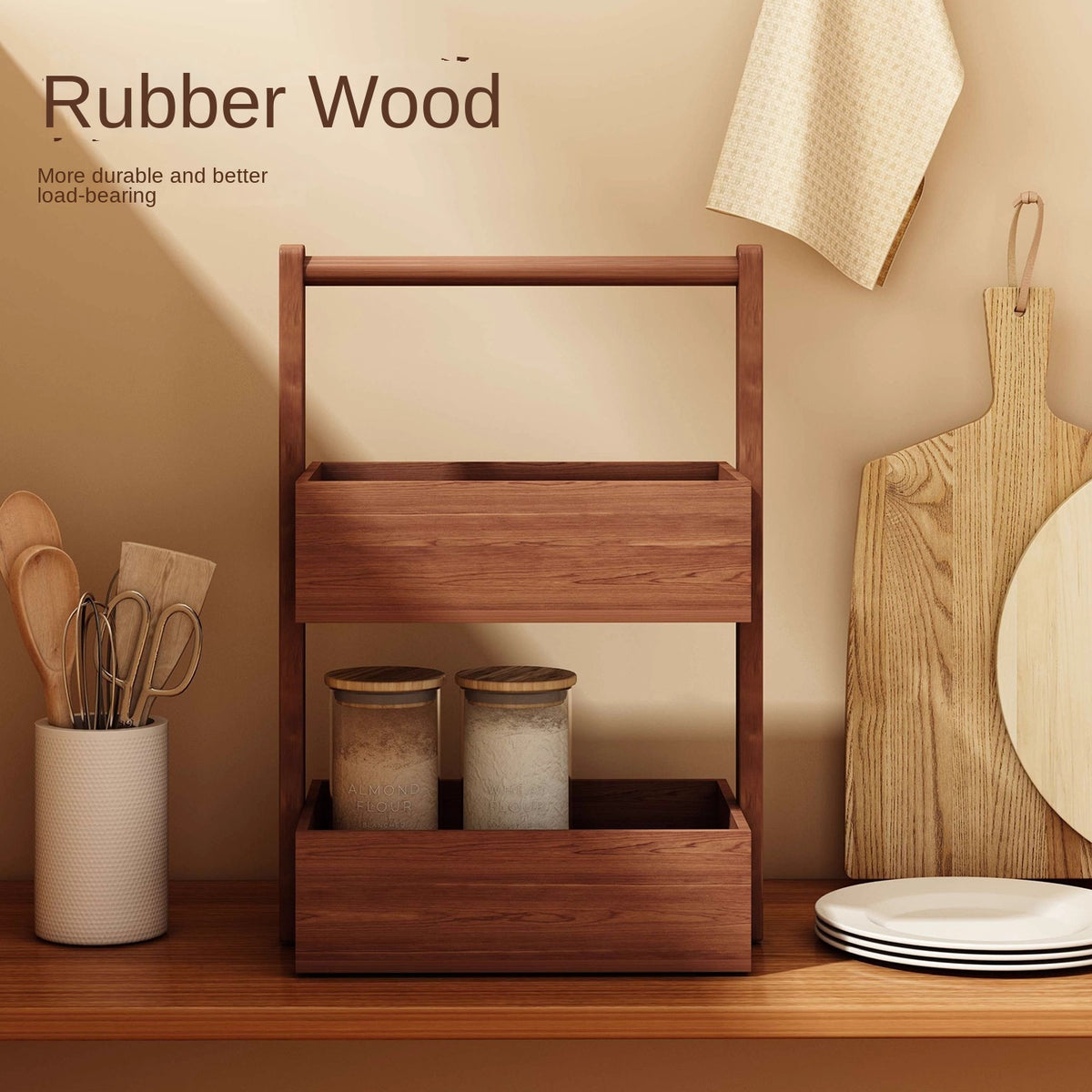 Rubber Wood Cosmetic Storage Box, Two-Tier Desk Caddy