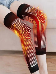 Two models wearing self-heating knee pads with vibrant thermal gradient visualization showing heat distribution