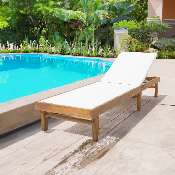 Adjustable Acacia Wood Pool Chaise Lounge, White Mesh