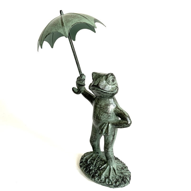 Verdigris Resin Frog Garden Statue with Umbrella Decor