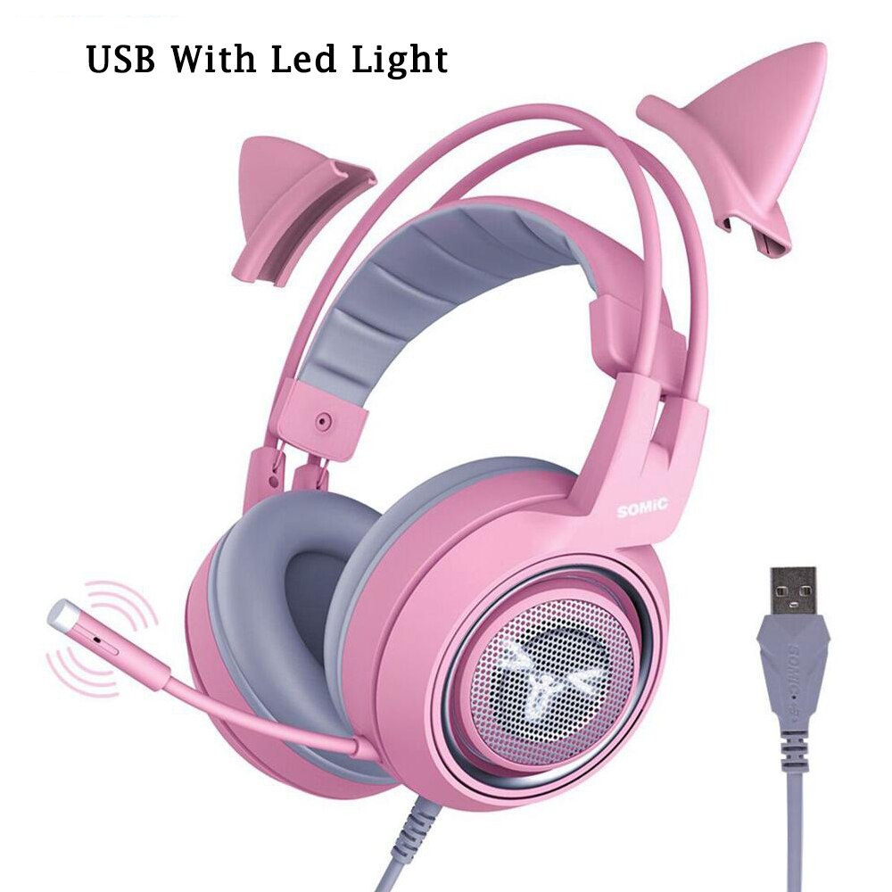 Pink Cat-Ear Gaming Headset with Mic and 7.1 Surround