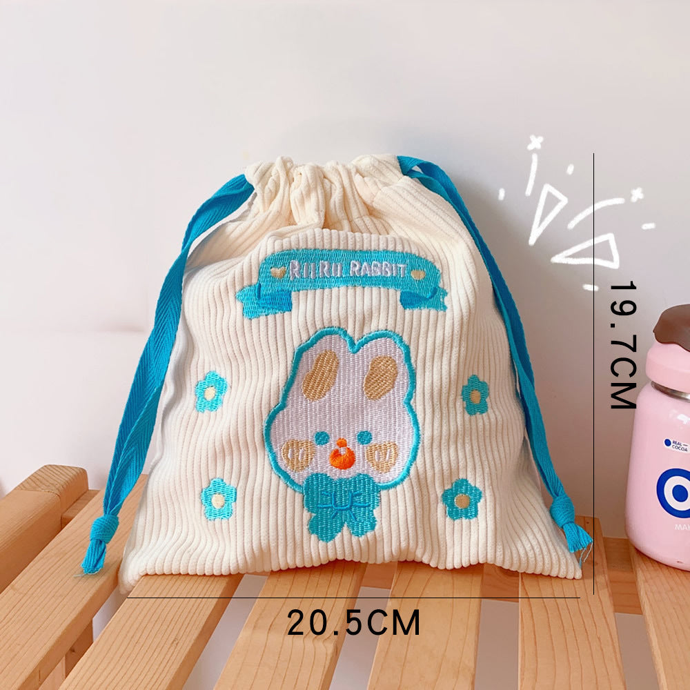 Embroidered Corduroy Drawstring Pouch for Small Items