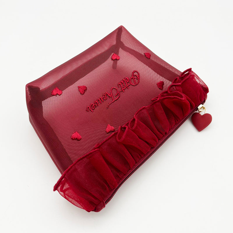 Sheer Mesh Makeup Bag with Lace Trim and Hearts
