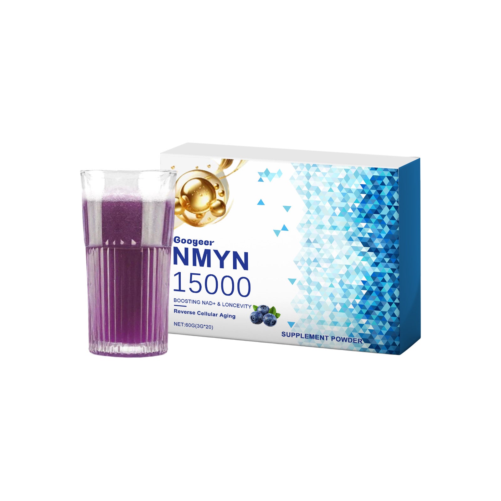 Product shot with prepared purple drink in glass, box at angle showing geometric gradient design, gold accent sphere