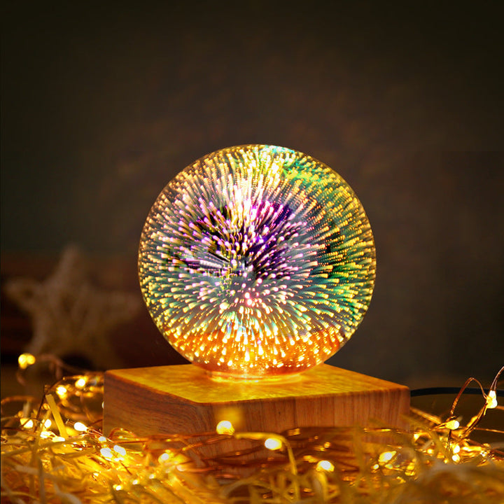 3D Fireworks Bedside Lamp with Wood Base, USB Night Light