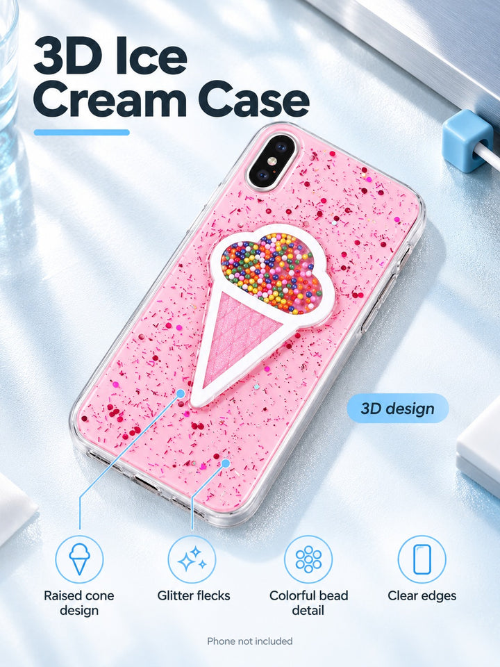 3D Ice Cream Phone Case for iPhone X, Glitter Bling