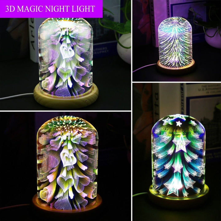 3D Glass Night Light Desk Lamp with Wooden Base and USB