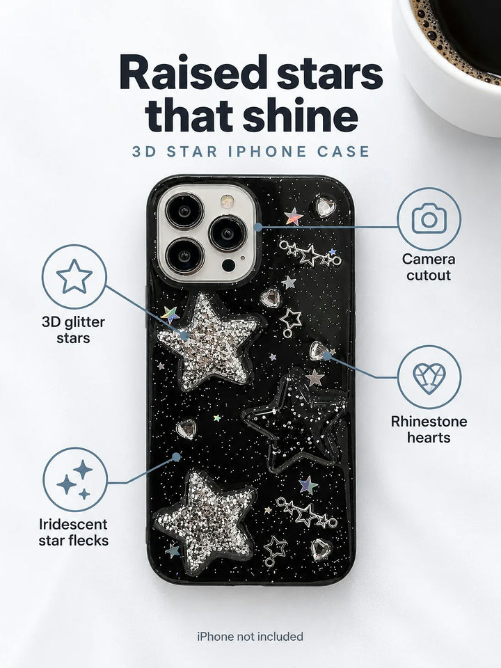 3D Star iPhone Case with Glitter and Rhinestone Hearts