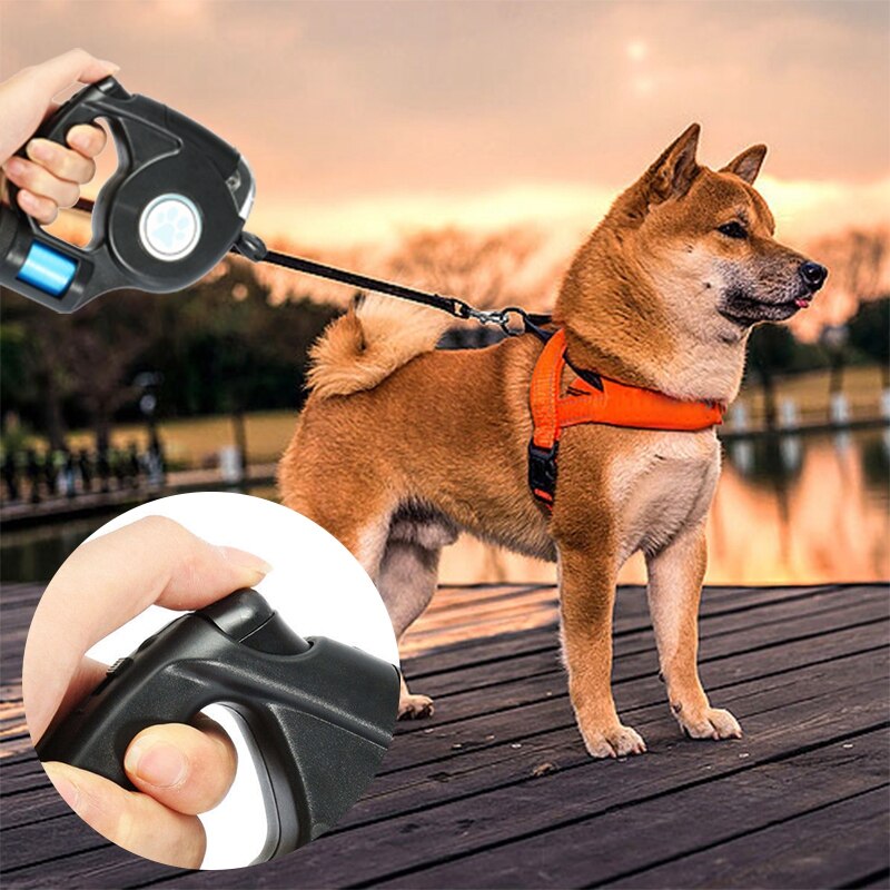LED Retractable Dog Leash With Waste Bag Dispenser