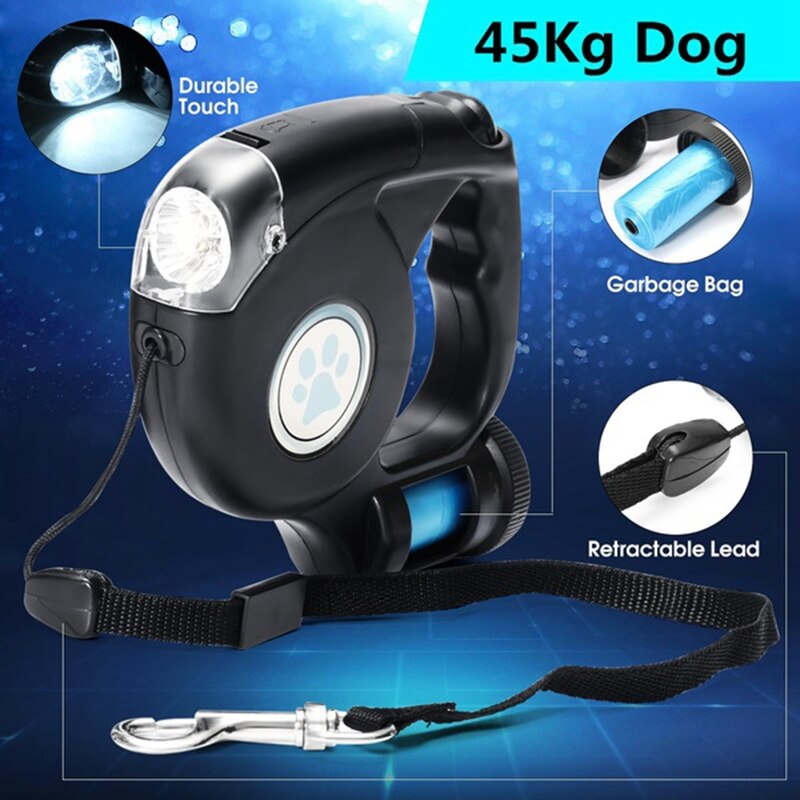 LED Retractable Dog Leash With Waste Bag Dispenser