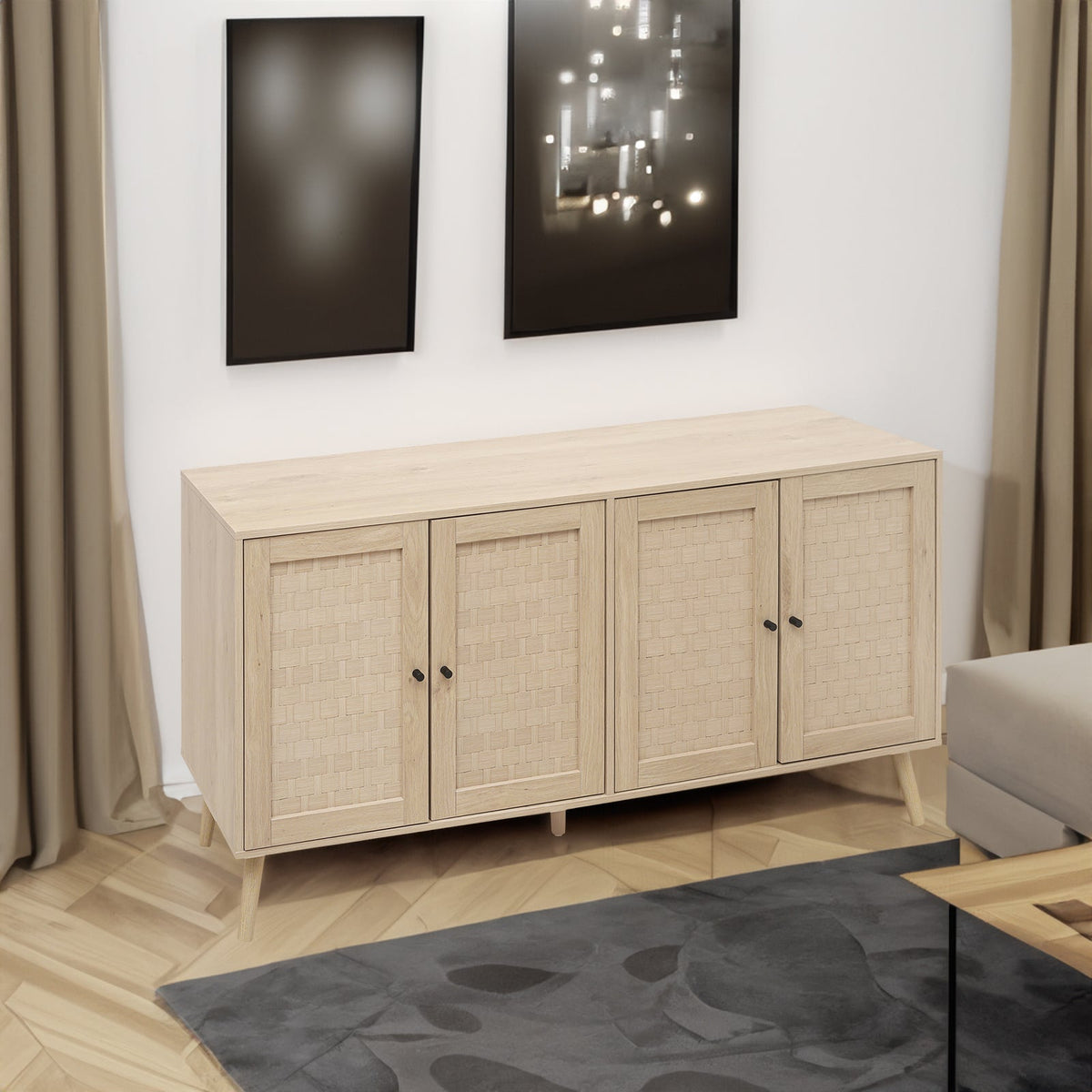 Woven Door Sideboard Buffet Cabinet with Adjustable Shelves