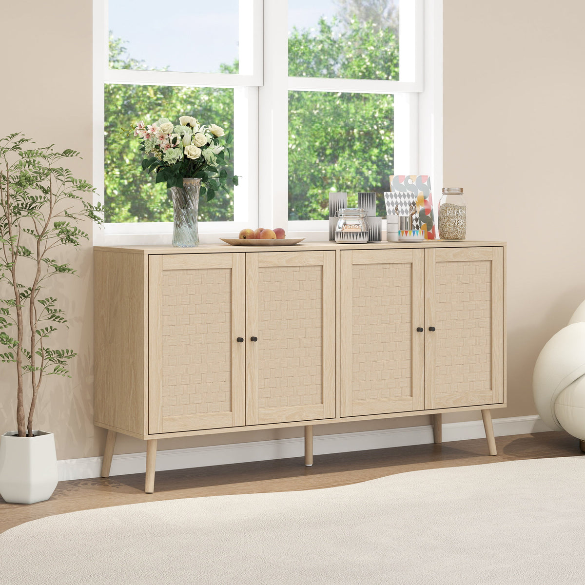 Woven Door Sideboard Buffet Cabinet with Adjustable Shelves