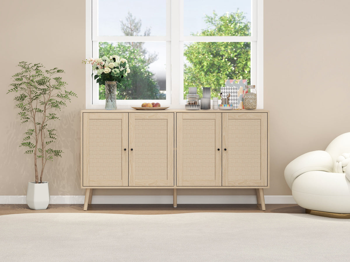 Woven Door Sideboard Buffet Cabinet with Adjustable Shelves