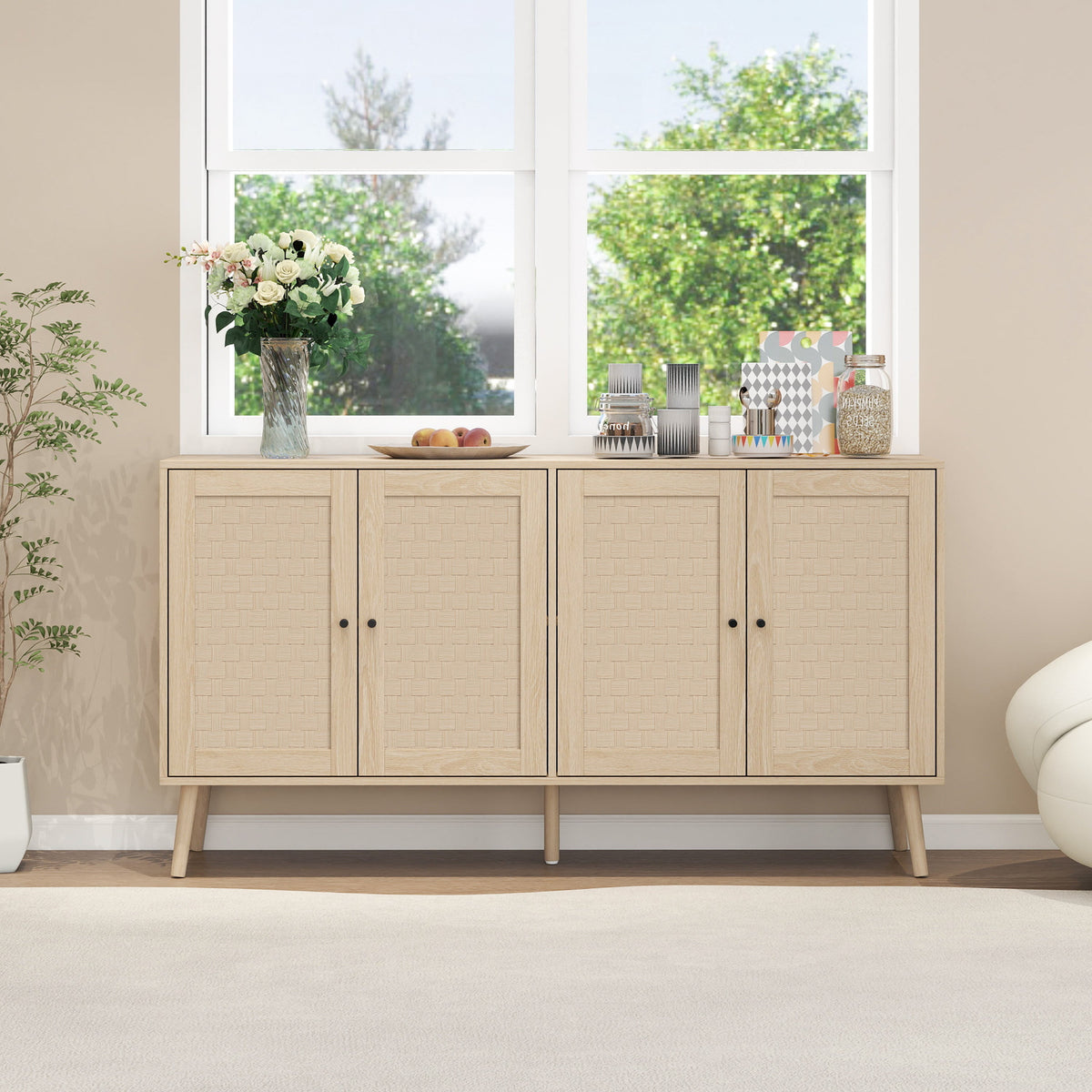 Woven Door Sideboard Buffet Cabinet with Adjustable Shelves