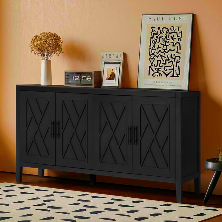 Black Wooden Sideboard with 4 Doors, Farmhouse Storage