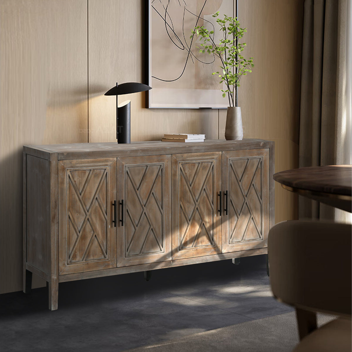 Farmhouse Wood Sideboard with X-Lattice Doors for Storage