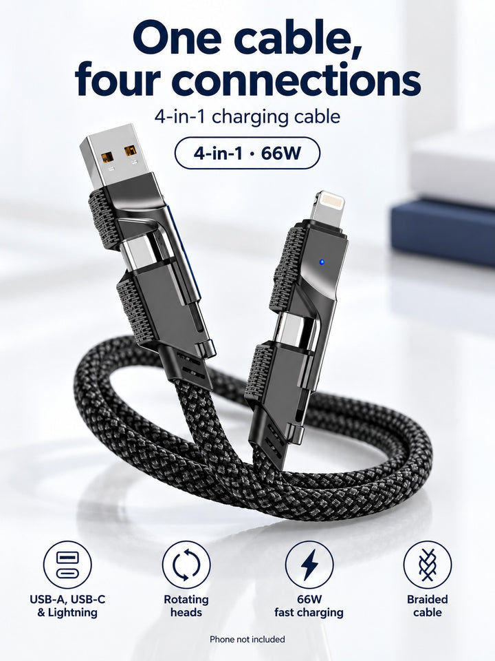 4-in-1 Fast Charging Cable for iPhone, USB-C & USB 66W
