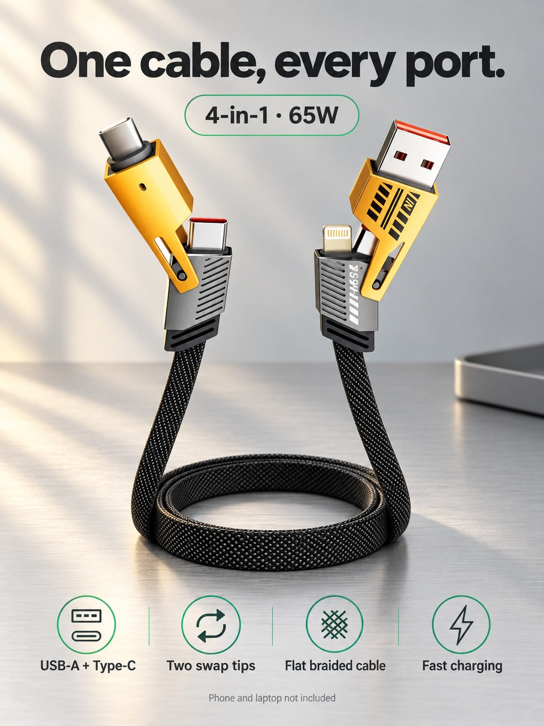 4-in-1 Fast Charging Cable: 65W Dual Type-C & PD27W