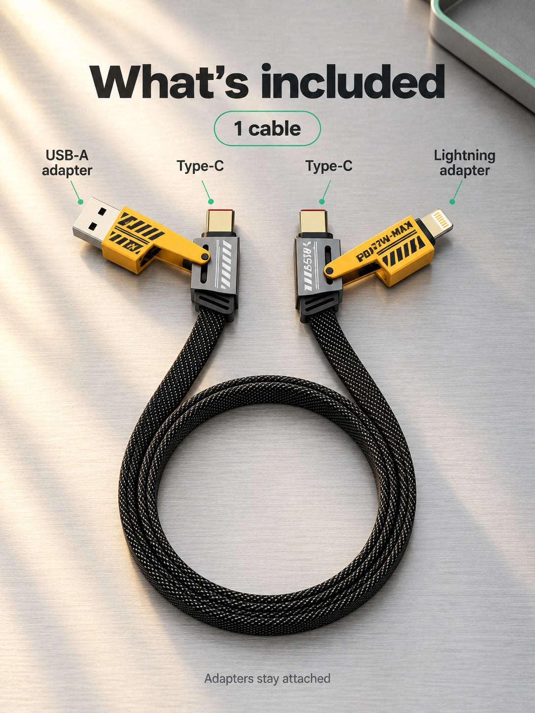 4-in-1 Fast Charging Cable: 65W Dual Type-C & PD27W