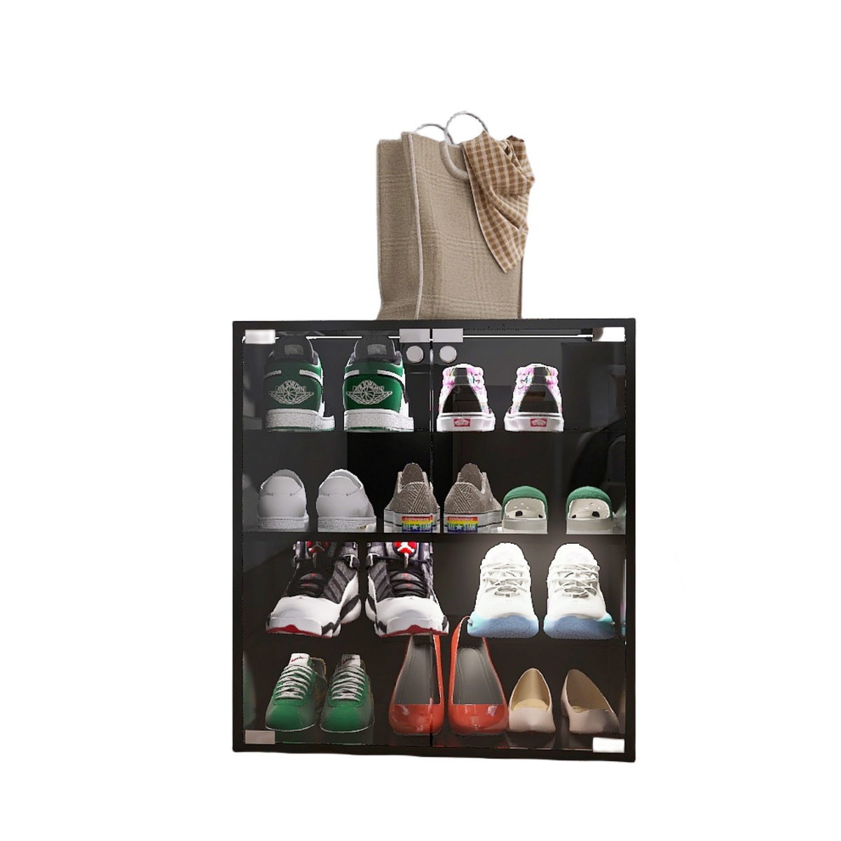 Black Glass Door Shoe Cabinet with LED Light, 4 Tiers