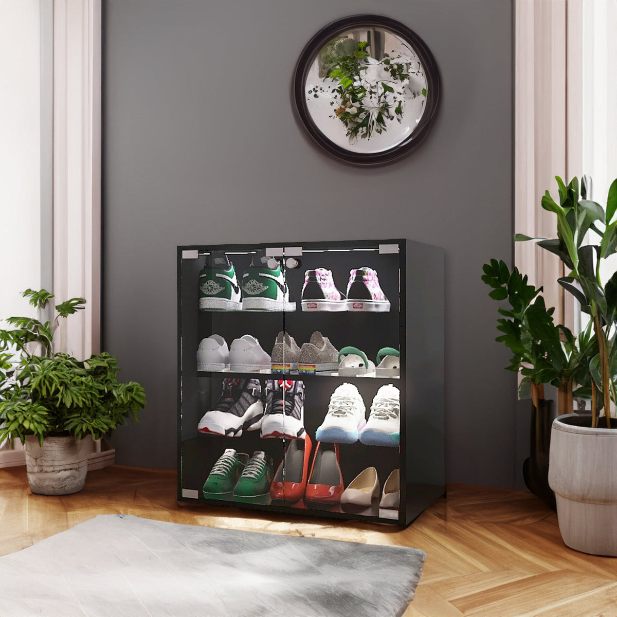 Black Glass Door Shoe Cabinet with LED Light, 4 Tiers