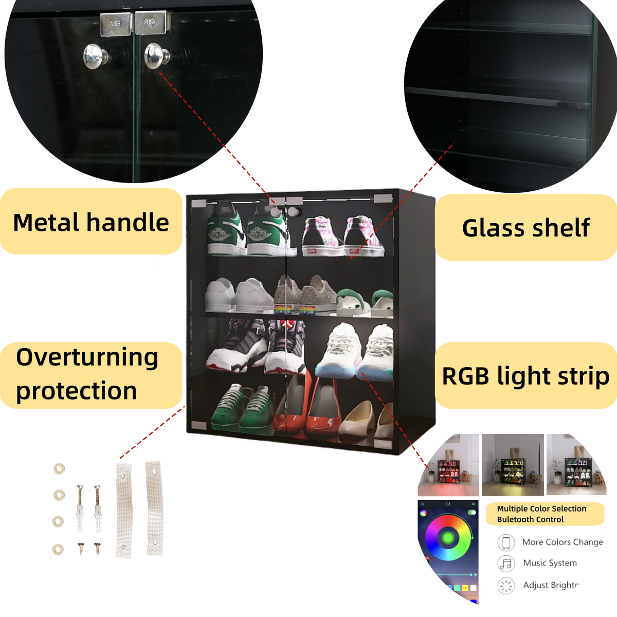Black Glass Door Shoe Cabinet with LED Light, 4 Tiers