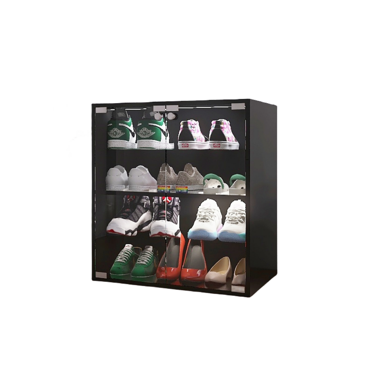 Black Glass Door Shoe Cabinet with LED Light, 4 Tiers