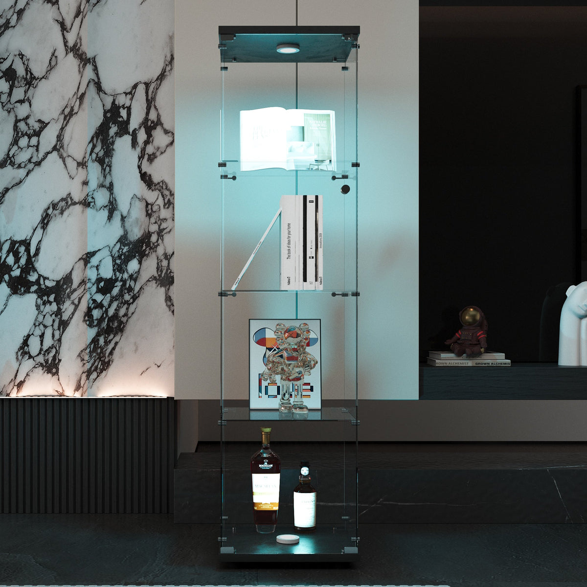 Lighted Glass Display Cabinet with 4 LED Shelves, Black