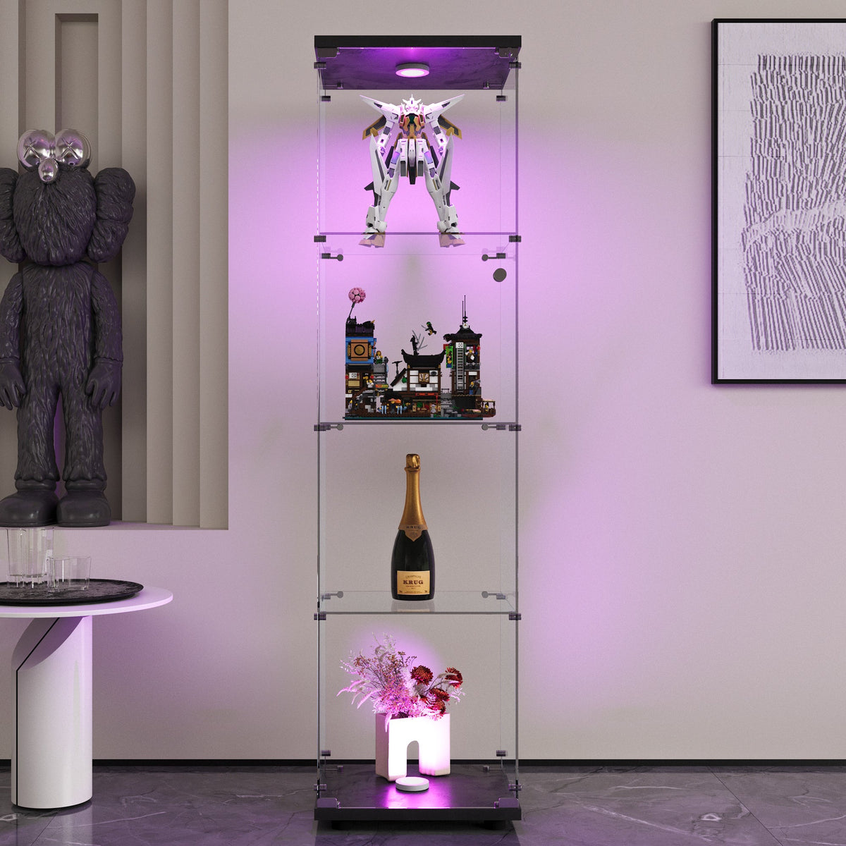 Lighted Glass Display Cabinet with 4 LED Shelves, Black
