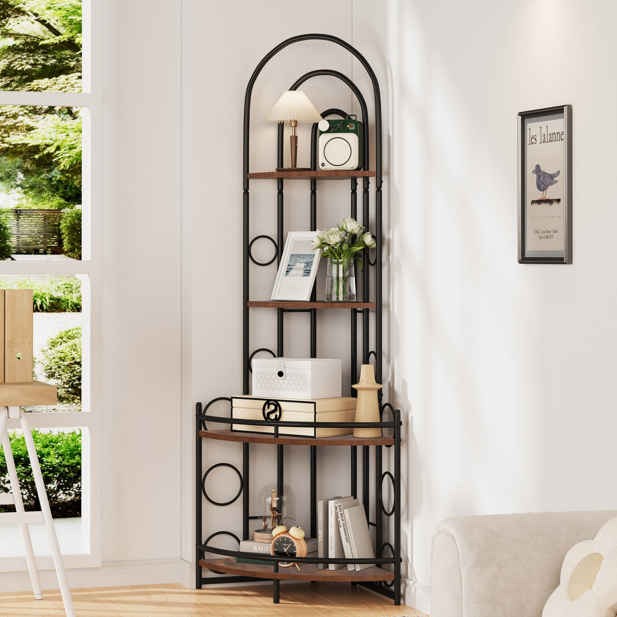 Corner Bookshelf with Plant Stand, 4-Tier Metal Frame