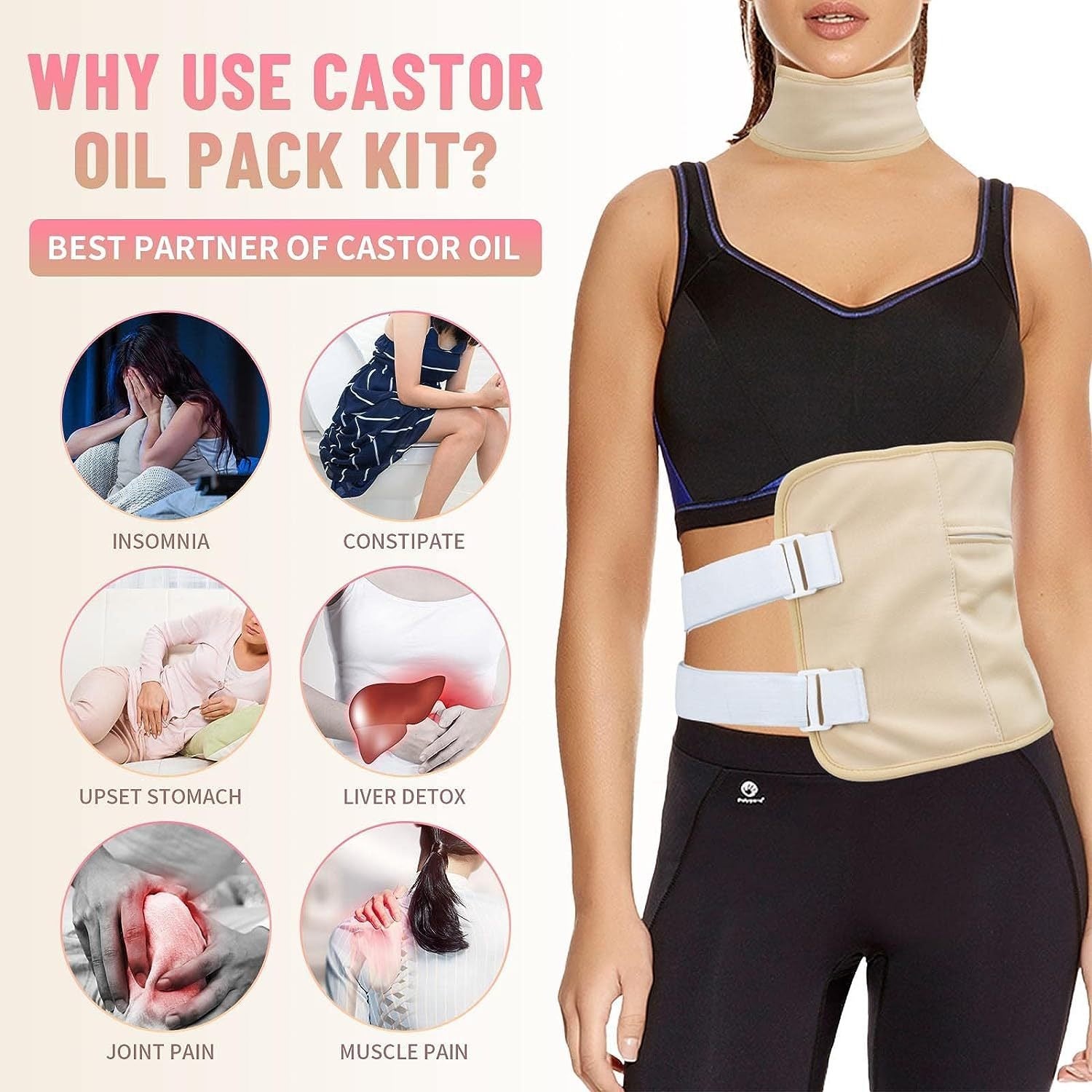 Close-up of rectangular wrap pad showing internal stitch lines and white trim edging on beige fabric, with shoulder strap attachment points visible