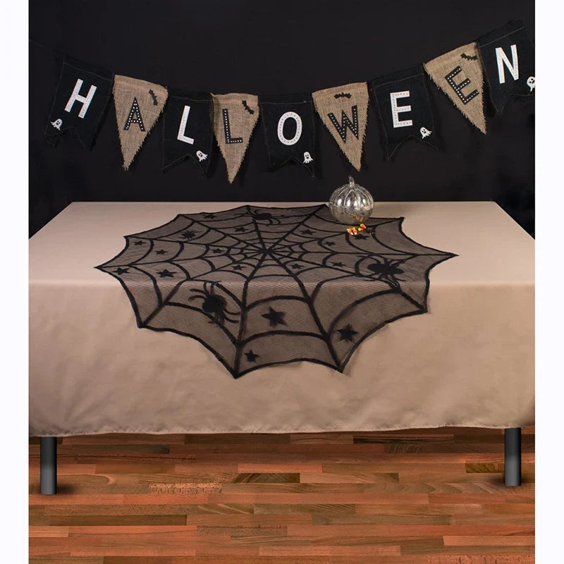 Black Spider Web Halloween Lace Tablecloth 40 Inch Round