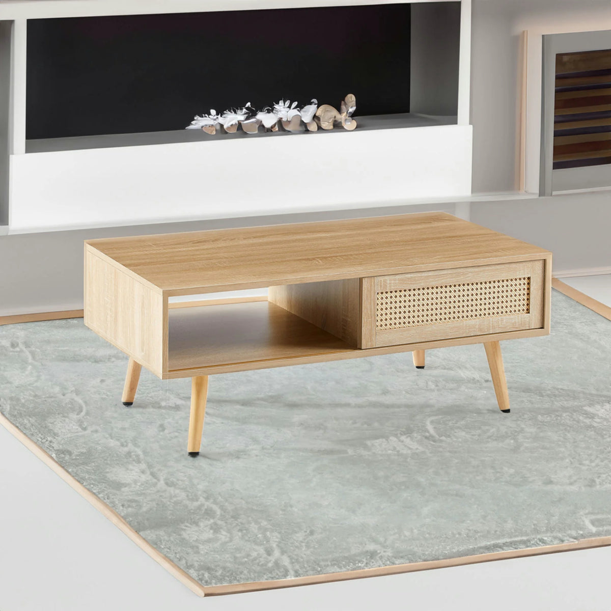 Rattan-Style Coffee Table with Sliding Door Storage