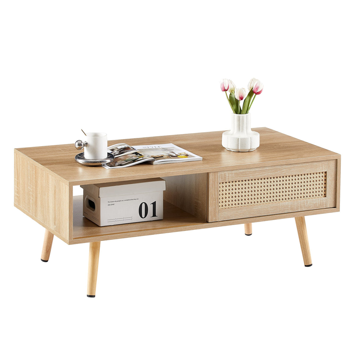 Rattan-Style Coffee Table with Sliding Door Storage