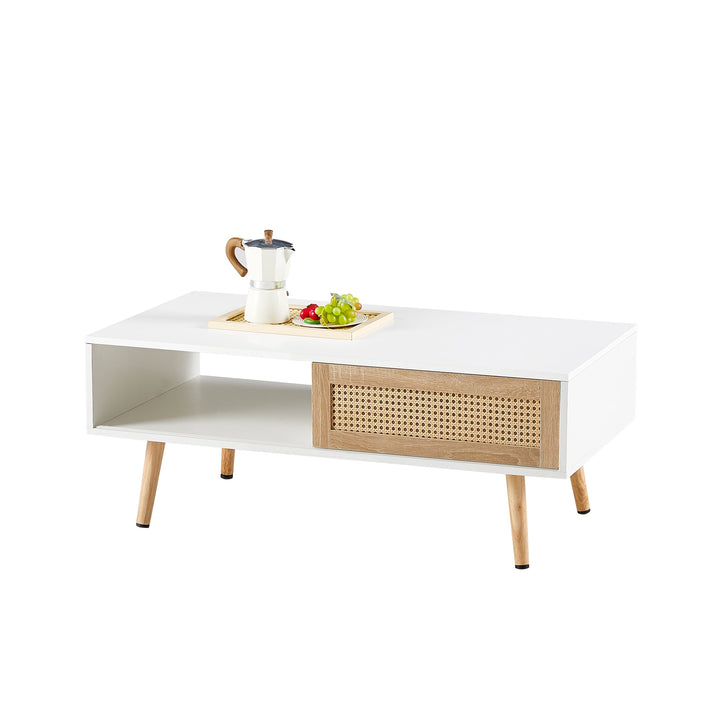 Rattan-Look Coffee Table with Sliding Door Storage