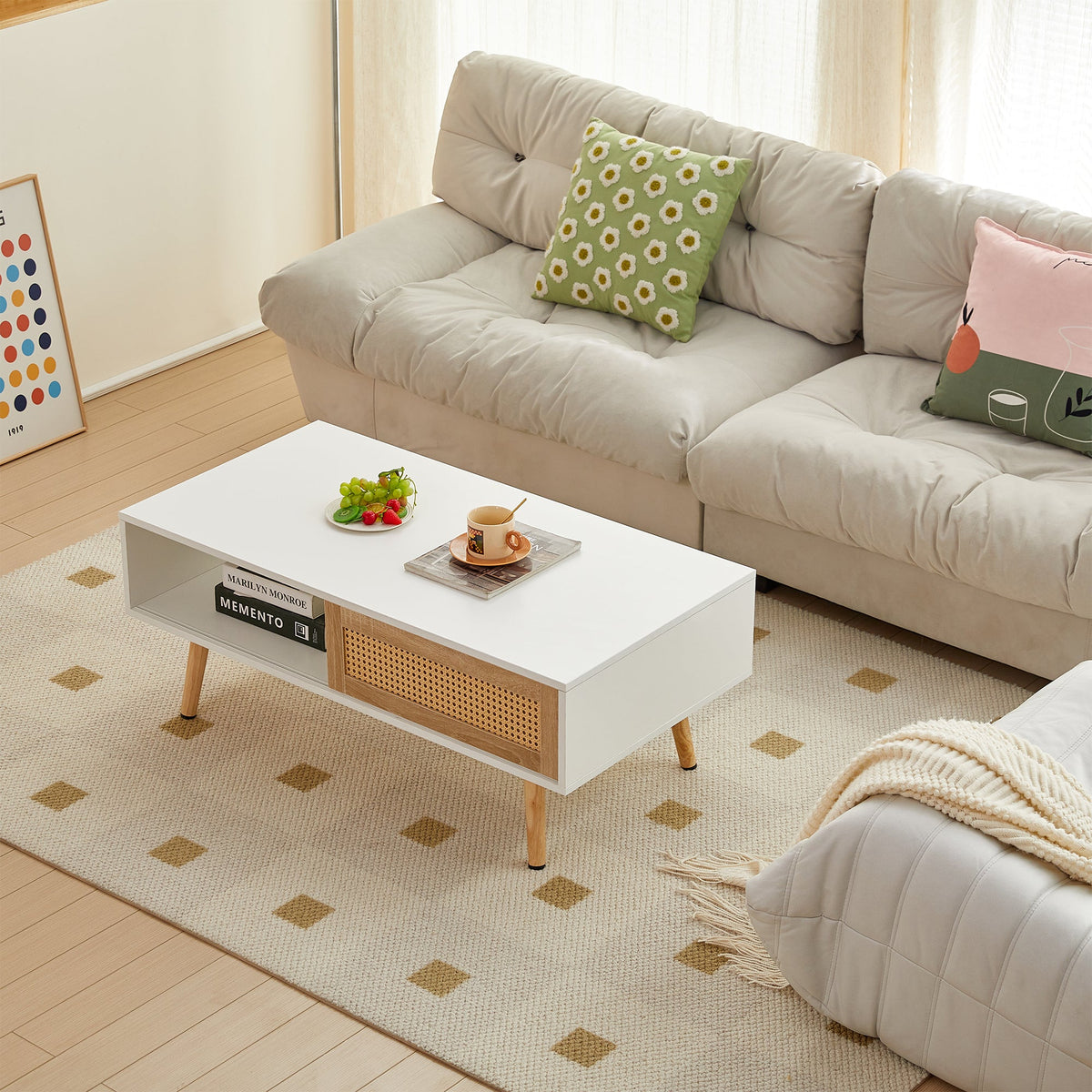 Rattan-Look Coffee Table with Sliding Door Storage