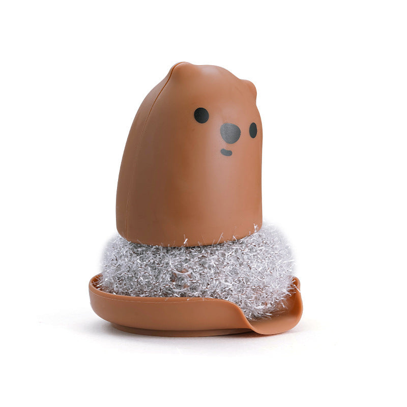 Bear Pot Brush with Steel Wire Scrubber and Saucer