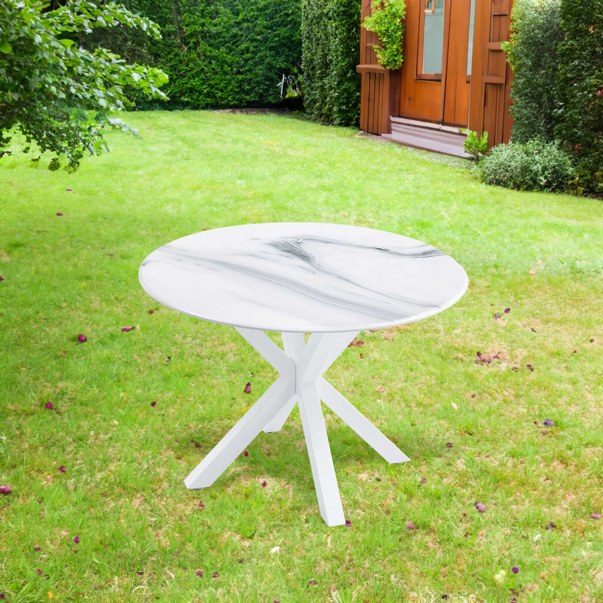 Round White Marble-Look Dining Table Seats 4 to 6