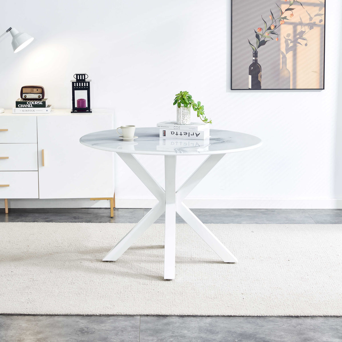 Round White Marble-Look Dining Table Seats 4 to 6