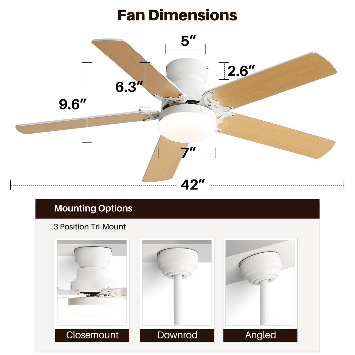 42 Inch Modern Ceiling Fan with Dimmable LED Light