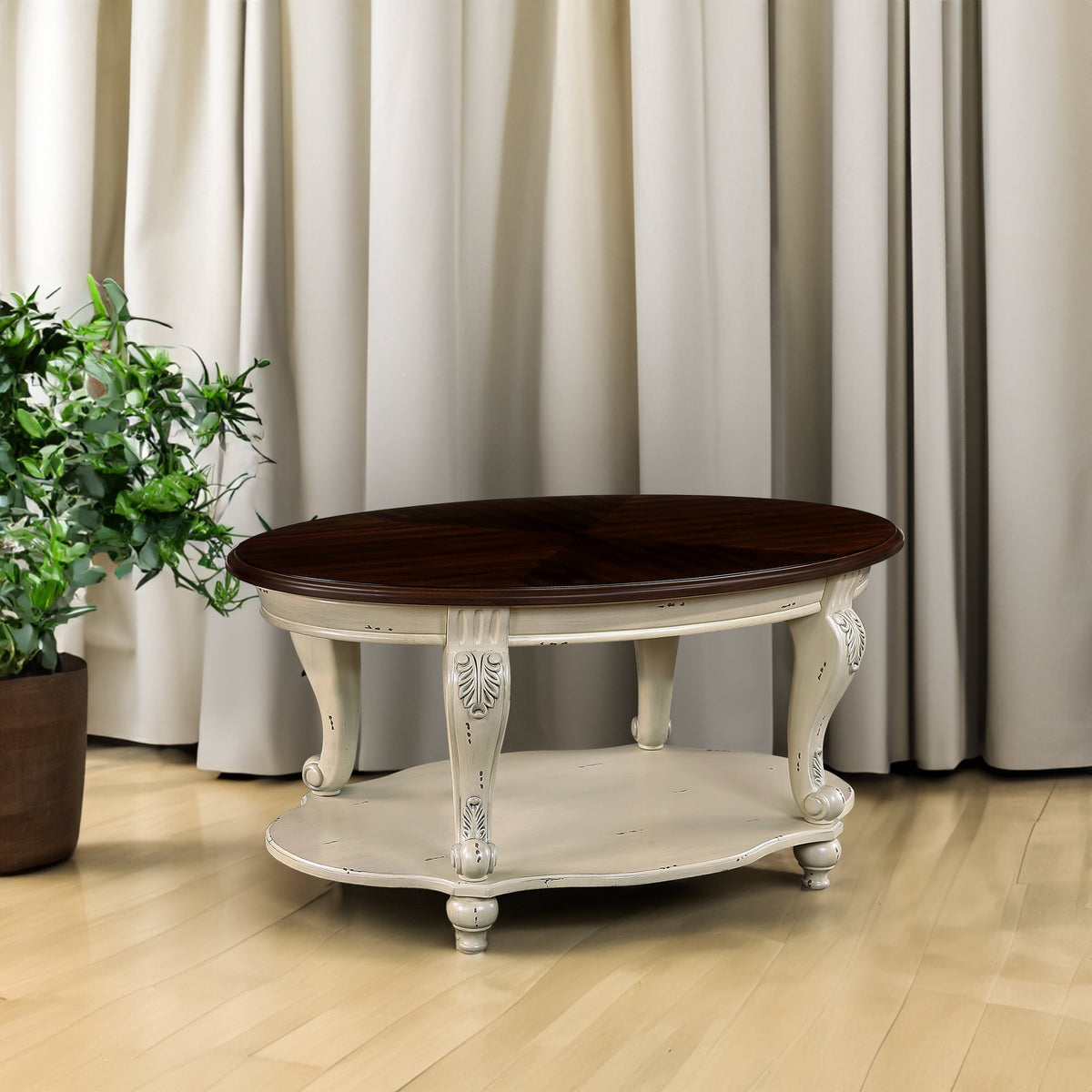 42 Inch Oval Wood Coffee Table with Open Storage Shelf